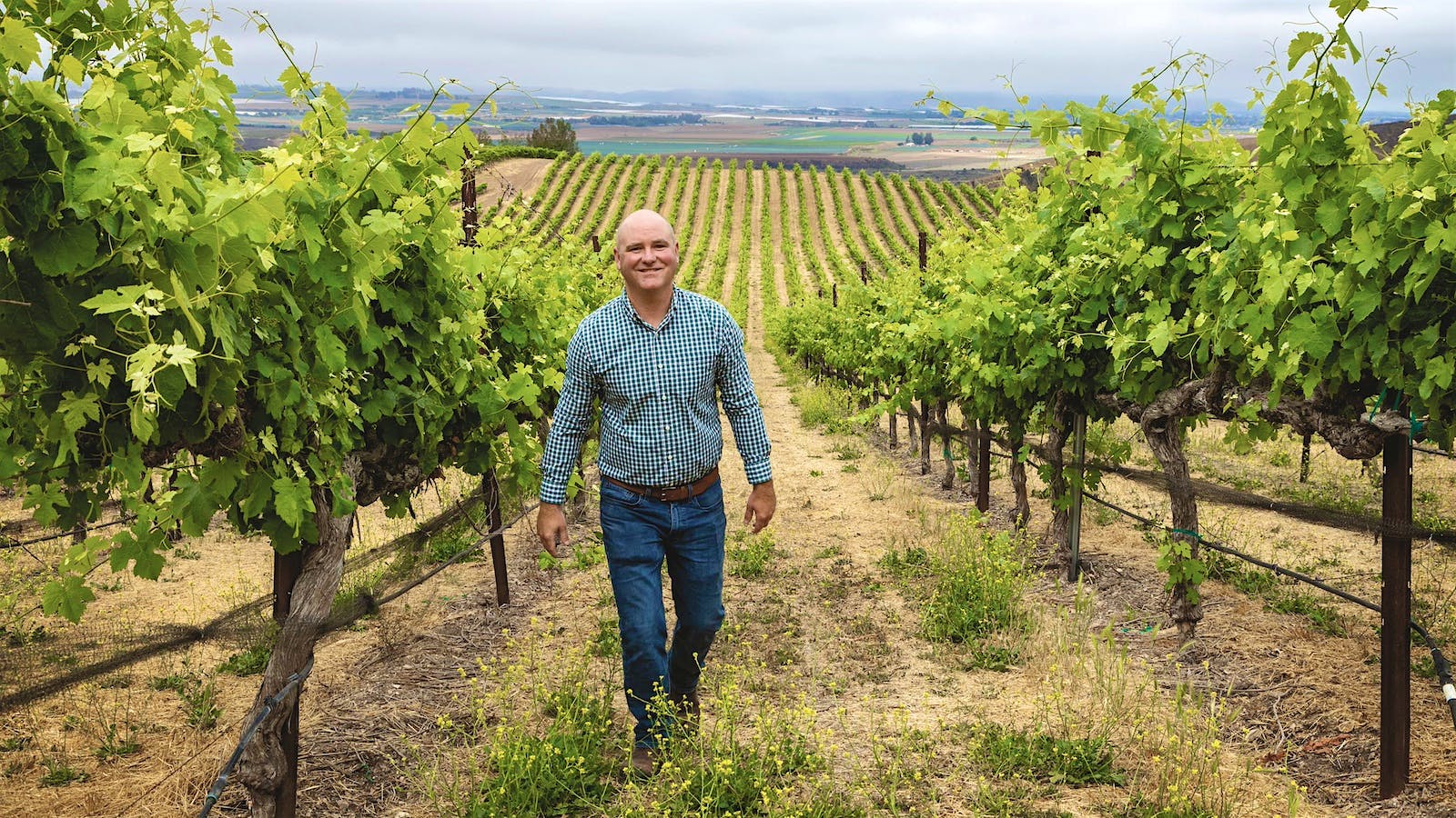Bien Nacido and Solomon Hills Vineyards winemaker Anthony Avila walking through a vineyard in the Santa Maria Valley, California
